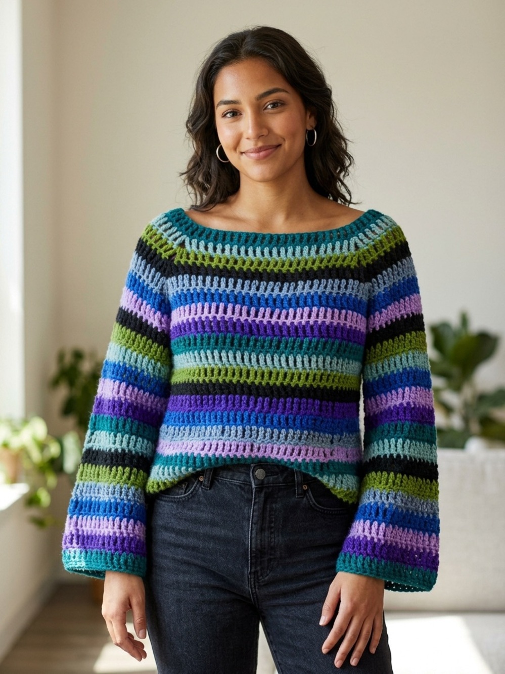 Hand Crafted Striped Crochet Sweater in Teal, Blue, Purple & Green